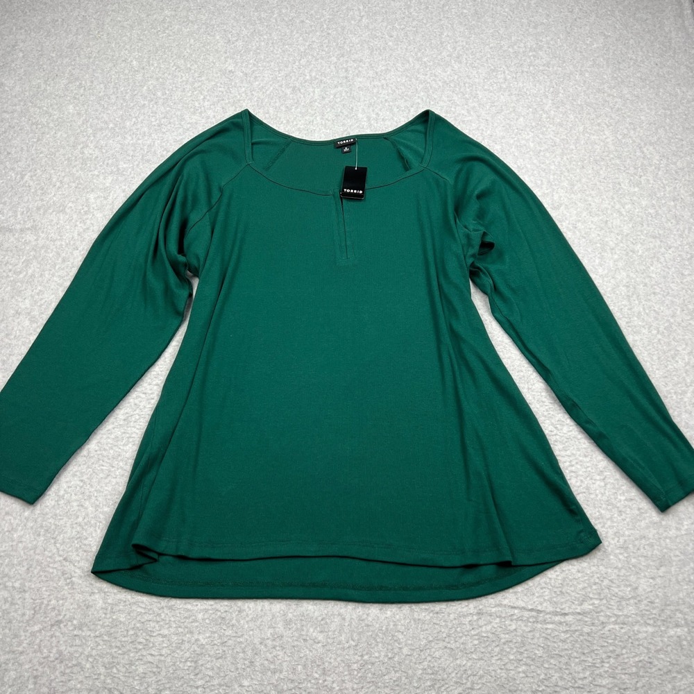 Torrid Shirt Women's 5 Green Super Soft Rib Scoop Neck Hook Eye Long Sleeve Top